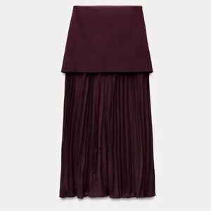 NWT ZARA Burgundy Pleaded Midi Skirt / Size S